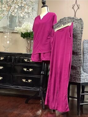 Womens Magenta Three-Piece Sleep Set - V-Neck Top, Shorts & Pants